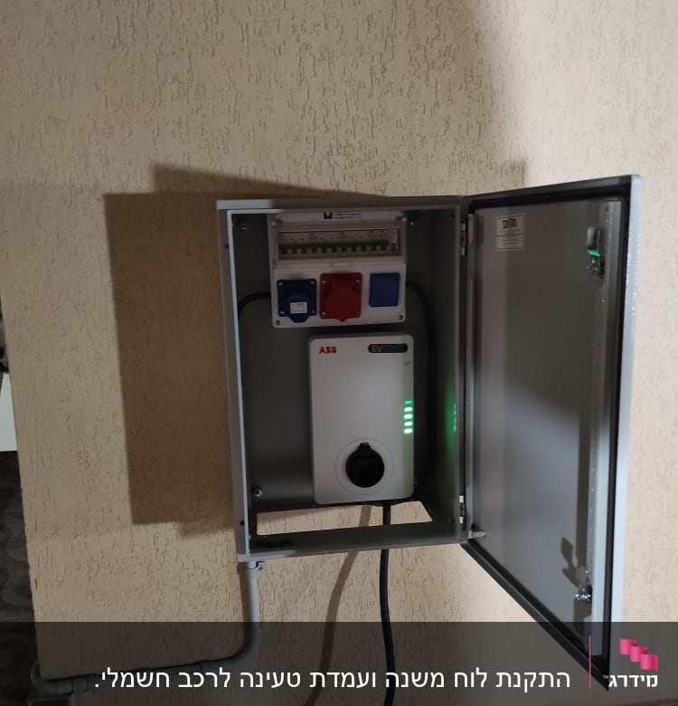 ארון חשמל פתוח עם מטען לרכב חשמלי